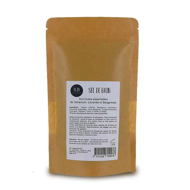        -Sels de bain vert - 8 sachets de 250g - Géranium, Lavande et Bergamote 