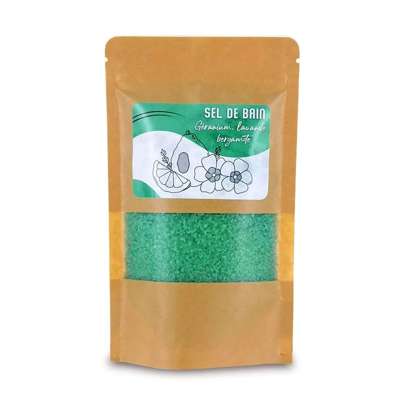        -Sels de bain vert - 8 sachets de 250g - Géranium, Lavande et Bergamote 