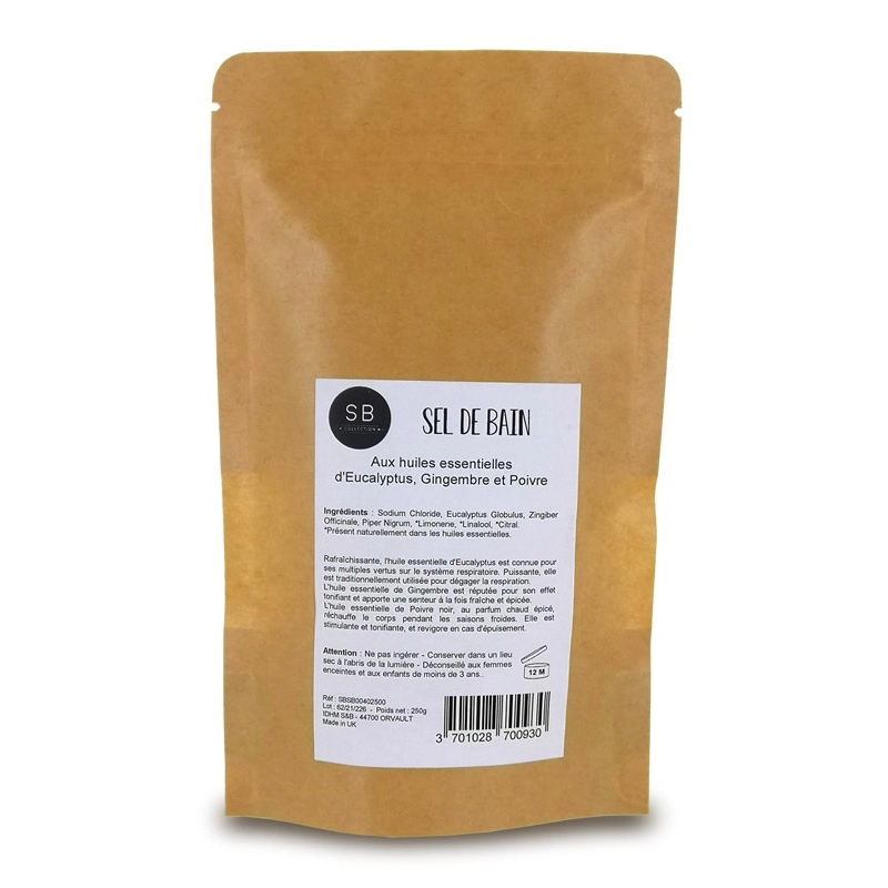        -Sels de bain blanc - 8 sachets de 250g - Eucalyptus, Gingembre et Poivre Noir 